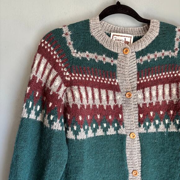 THE ALPACA CONNECTION Women's Med Green Cardigan Cottagecore Soft Geometric - Picture 2 of 12